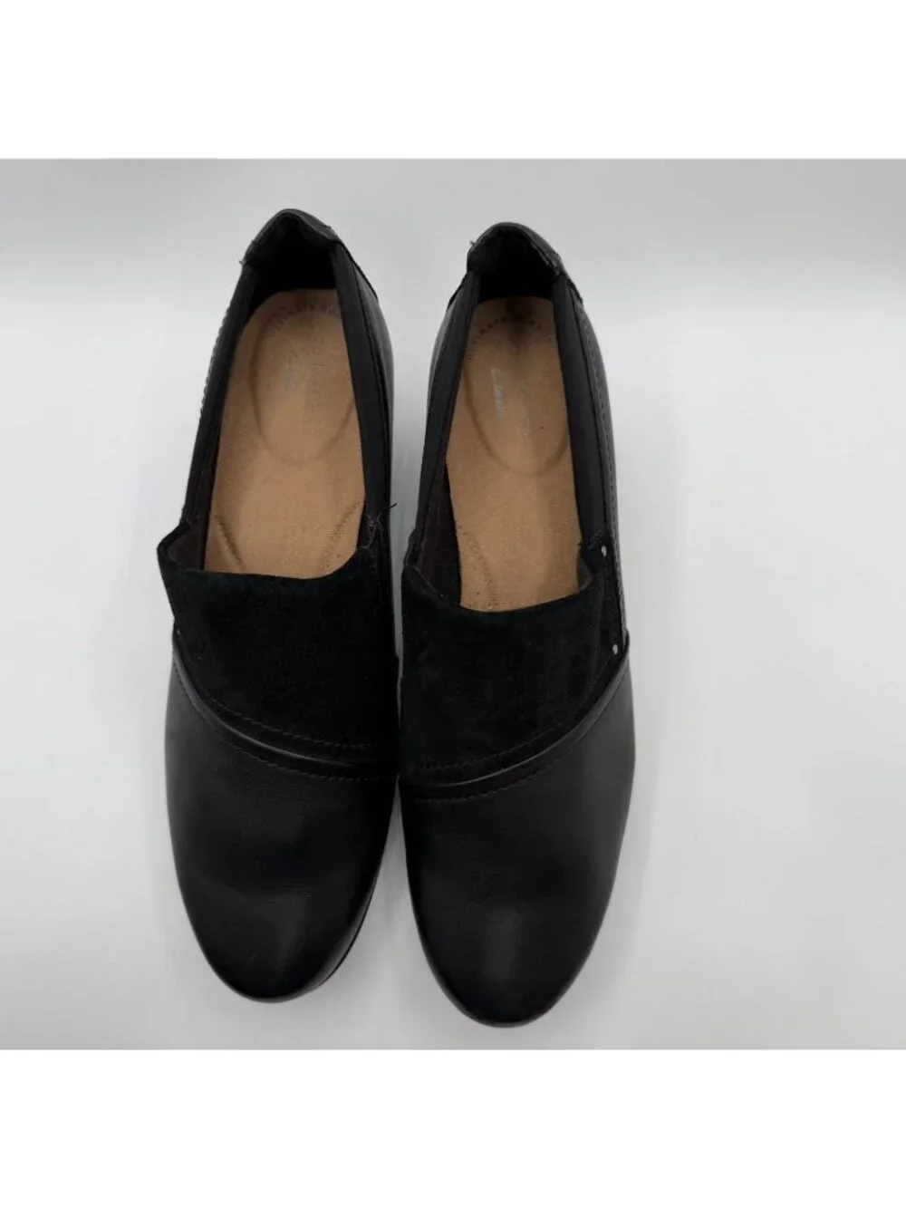 Clarks Emily Step Heel Loafers Women's Size 10M Black Leather/Suede Work Shoes